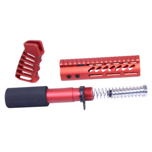 Red AR pistol accessory kit with muzzle brake, handguard, and buffer tube on white background.