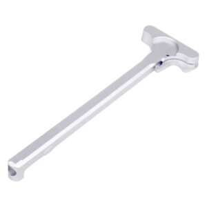 Modern metallic charging handle with ergonomic T-shaped design and polished finish.