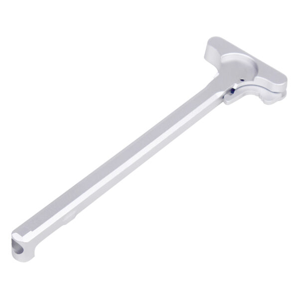 Modern metallic charging handle with ergonomic T-shaped design and polished finish.