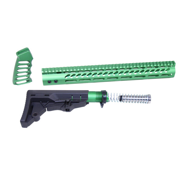 Custom green handguard, adjustable stock, and ergonomic pistol grip for firearm customization.