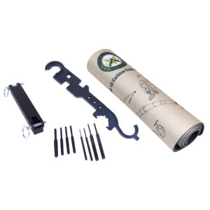 Bicycle repair kit with tools and cylindrical beige container on white background.