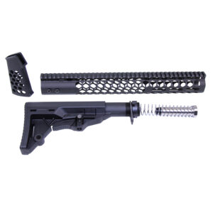 AR-15 rifle components including handguard, muzzle brake, and adjustable stock on white background.
