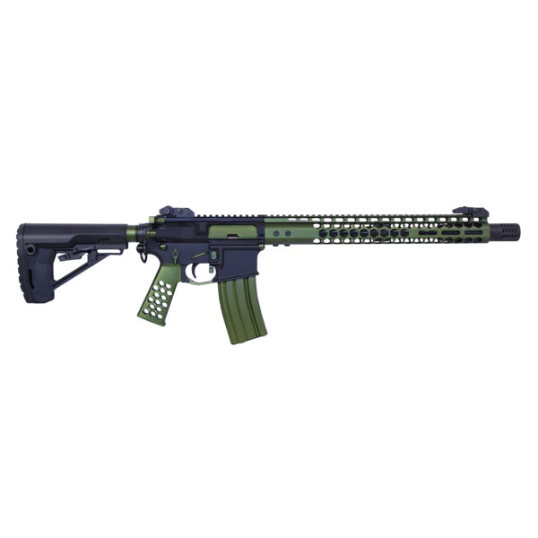Modern green and black semi-automatic rifle with adjustable stock and accessory-ready handguard.