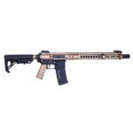 Modern AR-15 sporting rifle with bronze honeycomb design and adjustable stock.