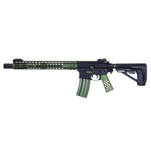 Modern green and black tactical rifle with adjustable stock and ventilation handguard.