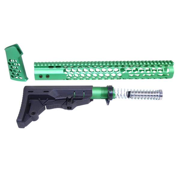 Bright green and black AR-15 firearm components with modern design features.