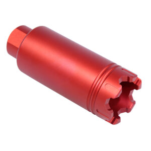 Red anodized aluminum muzzle brake with star-shaped end.