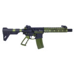 AR-style rifle with olive green accents, tactical design, and adjustable features for enhanced usability.