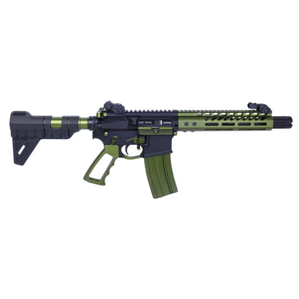 AR-style rifle with olive green accents, tactical design, and adjustable features for enhanced usability.