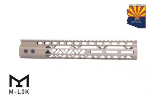 Guntec USA 12-inch FDE M-LOK handguard with monolithic top rail and intricate cutouts.