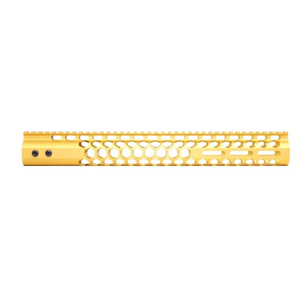 Gold 15-inch Guntec M-LOK Free Floating Handguard with Honeycomb Design.