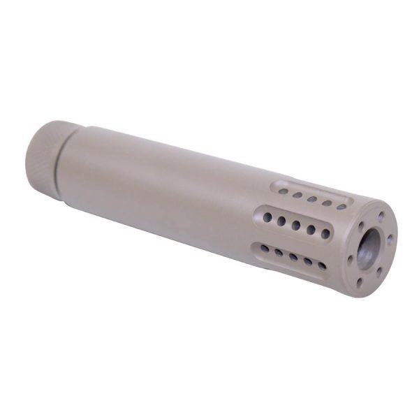 AR-15 slip over barrel shroud with multi-port muzzle brake, 9mm, in flat dark earth.