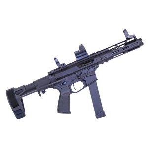 Compact 9mm submachine gun with stabilizing brace and tactical rails on white background.