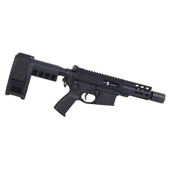 Compact AR 9mm muzzle compensator with quick-detach blast shield, designed for flash and recoil reduction.