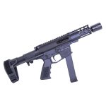 Modern 9mm Pistol-Caliber Carbine with Tactical Accessories and Arm Brace.