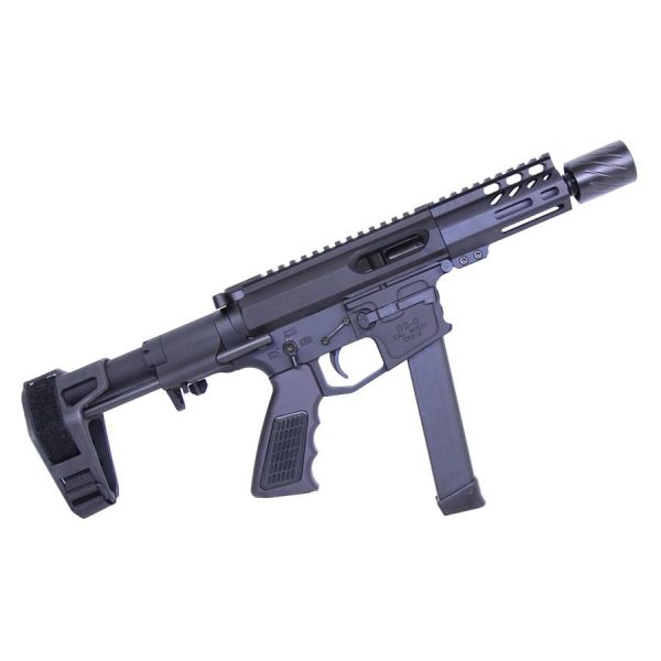 Modern 9mm Pistol-Caliber Carbine with Tactical Accessories and Arm Brace.