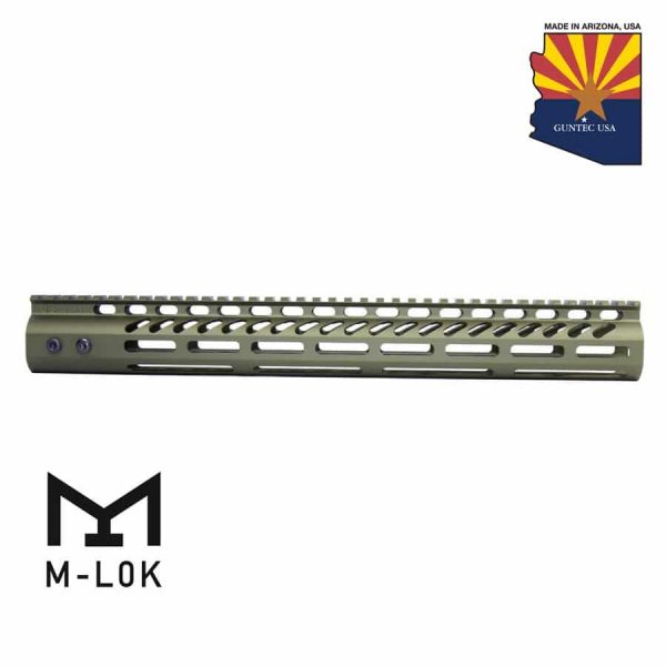 15" Ultra Lightweight Thin M-LOK System Free Floating Handguard With Monolithic Top Rail (Anodized Green)