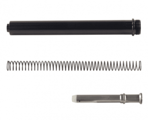 AR-15 A2 rifle stock tube assembly: black tube, steel spring, metal rod on white background.