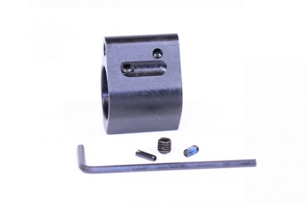 Adjustable AR-15 gas block, matte black, includes Allen key and set screws for precision installation.