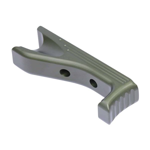 Anodized green aluminum angled grip for M-LOK system, featuring ergonomic design and attachment points.