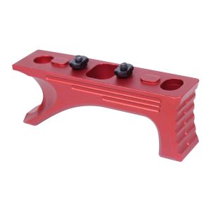 Red anodized aluminum angled grip for M-LOK system, featuring symmetrical fasteners and geometric design.