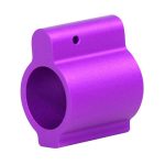 Purple anodized AR-15 low profile gas block with precision-machined design and alignment hole.