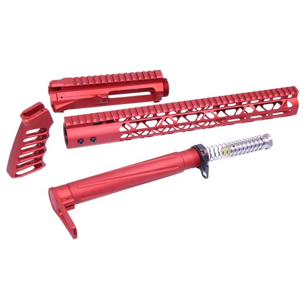 Red anodized AR-15 parts: handguard, upper receiver, foregrip, buffer tube.