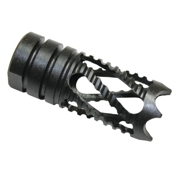 Gen 2 AR-10 spiral flash hider with serrated prongs for recoil control.