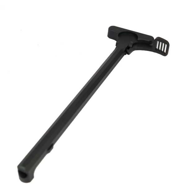 Standard AR-10/LR-308 matte black charging handle with Gen 1 latch; durable, grip-enhanced design.