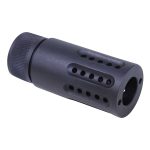 AR-15 .308 cal muzzle brake with multi-port design for recoil reduction.