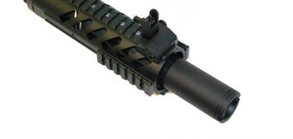 AR-15 9mm Cone Flash Can muzzle device on tactical rifle.