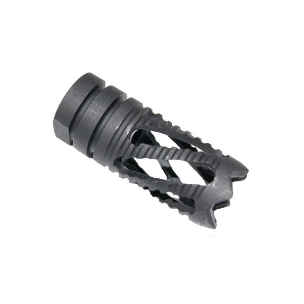 High-quality Guntec USA AR-15 9mm spiral flash hider with precision cuts on white background.