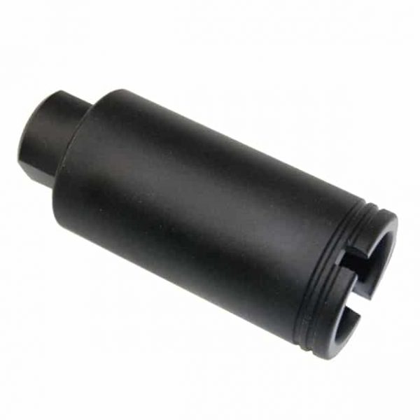 AR-15 9mm cone flash can suppressor, matte black finish, precision machined.