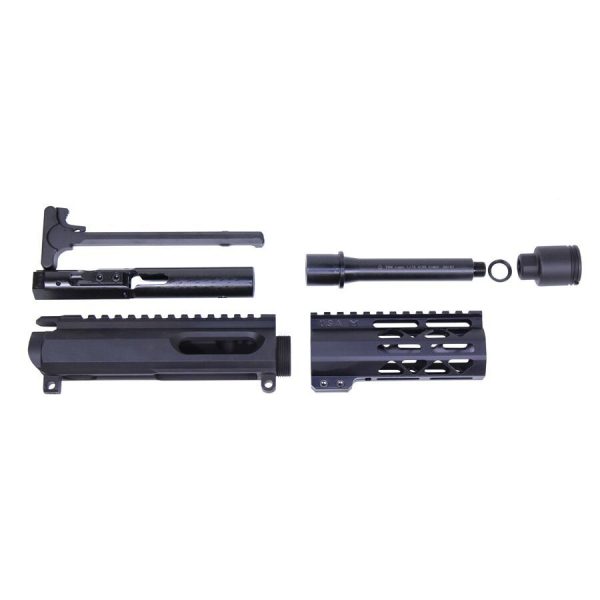 Disassembled AR-15 9mm upper receiver kit with 5-inch AIR-LOK handguard on white background.