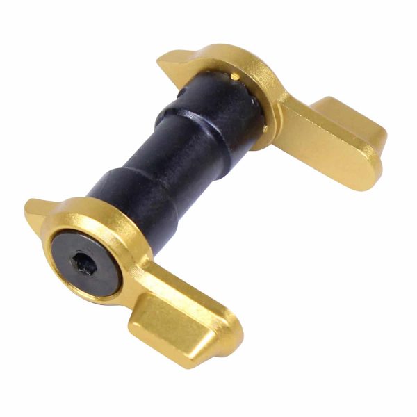 Gold anodized AR-15 short throw safety camshaft component.