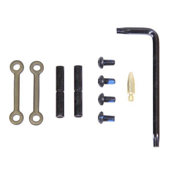 AR-15 anti-rotation pin set with hex key and screws on white background.