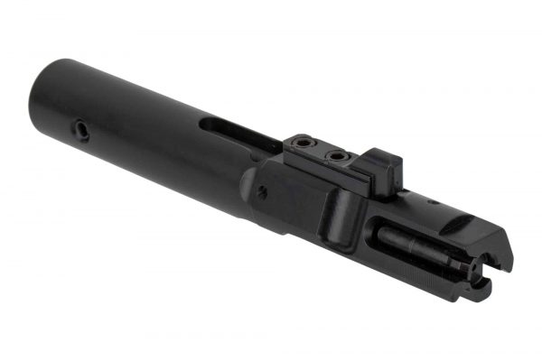 AR-9mm nitride bolt carrier group, MIL-SPEC, detailed against white background.