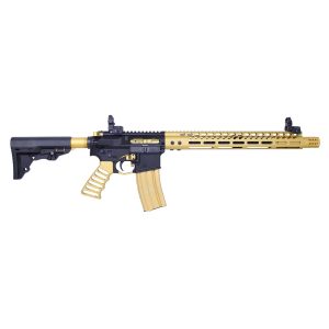 AR-15 rifle with gold-accented handguard and 30-round magazine, showcasing tactical style and functionality.
