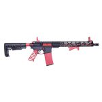 AR-15 style rifle with black and red Cerakote finish and M-LOK handguard.