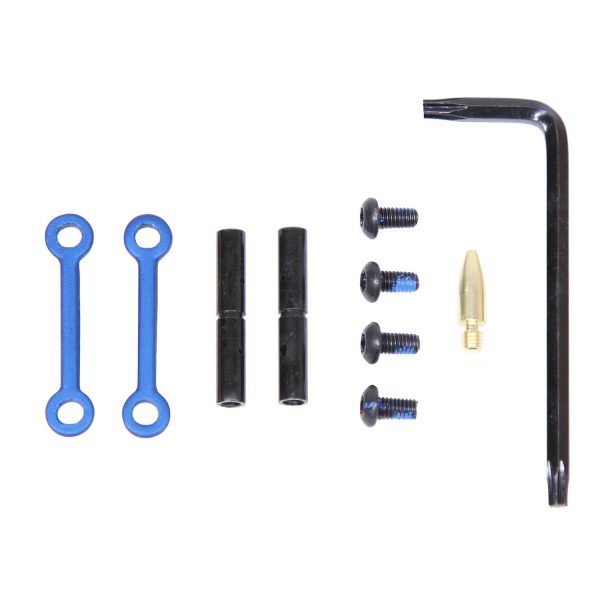 AR-15 anti-rotation pin set with blue anodized finish and installation tools.