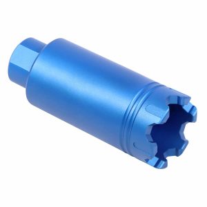 Blue anodized AR-15 Trident flash can with glass breaker, designed for precision and durability.