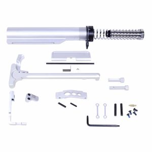 AR-15 Essentials Kit with parts and tools, anodized clear finish.