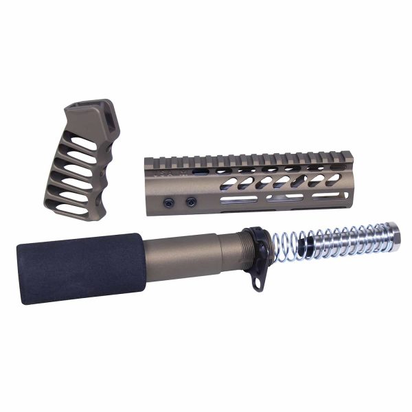 AR-15 pistol furniture set in burnt bronze with handguard, grip, and buffer tube assembly.