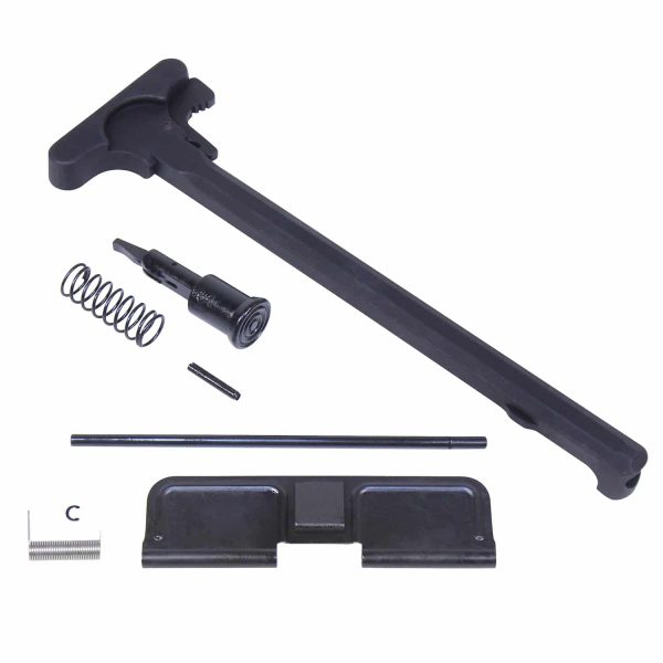 AR-15 charging handle and dust cover assembly kit on white background.