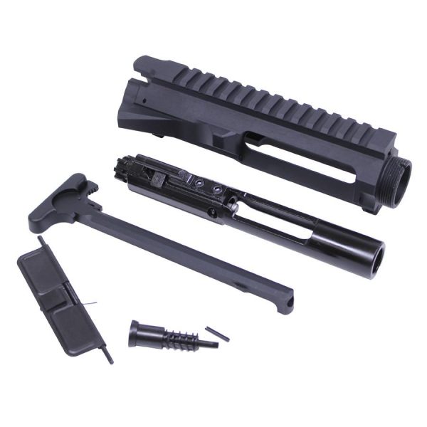 AR-15 billet upper receiver kit with components displayed on white background.
