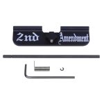 AR-15 Gen 3 dust cover with 2nd Amendment engraving, assembly parts on white.