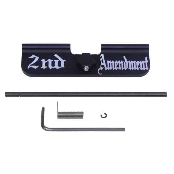 AR-15 Gen 3 dust cover with 2nd Amendment engraving, assembly parts on white.