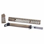Flat Dark Earth AR-15 tactical parts: honeycomb handguard, buffer tube, ergonomic grip.