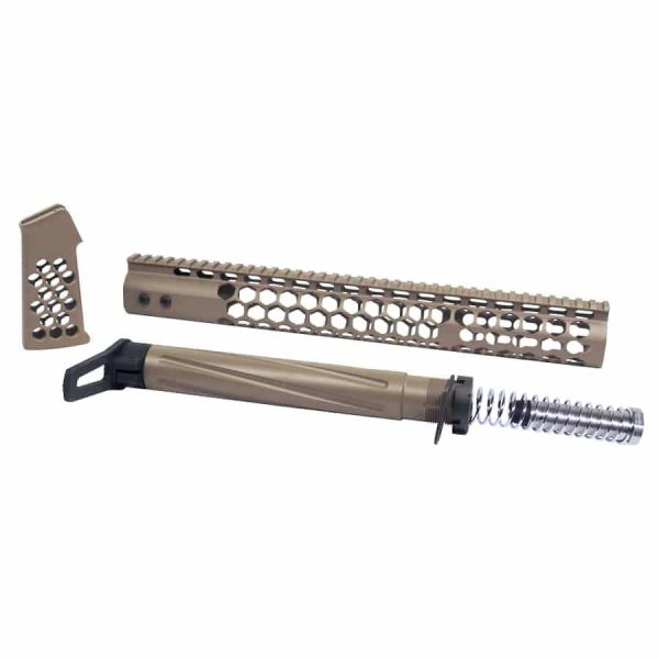 Flat Dark Earth AR-15 tactical parts: honeycomb handguard, buffer tube, ergonomic grip.