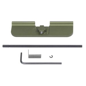 AR-15 Gen 3 Ejection Port Dust Cover in Anodized Green with Assembly Components.